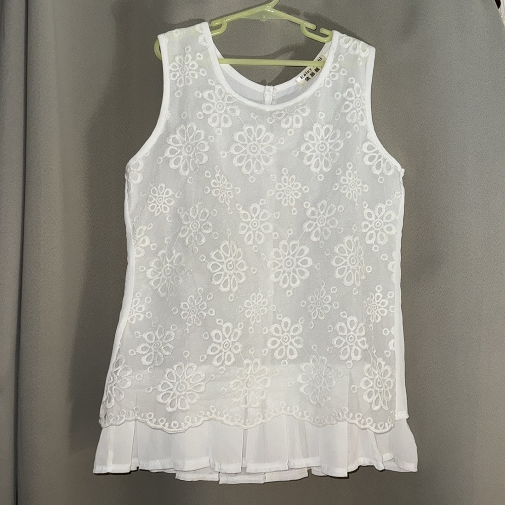 EALEY FUSHI Girl’s White Sleeveless Sheer Dress Pleated Skirt Lacey Overlay Sz L